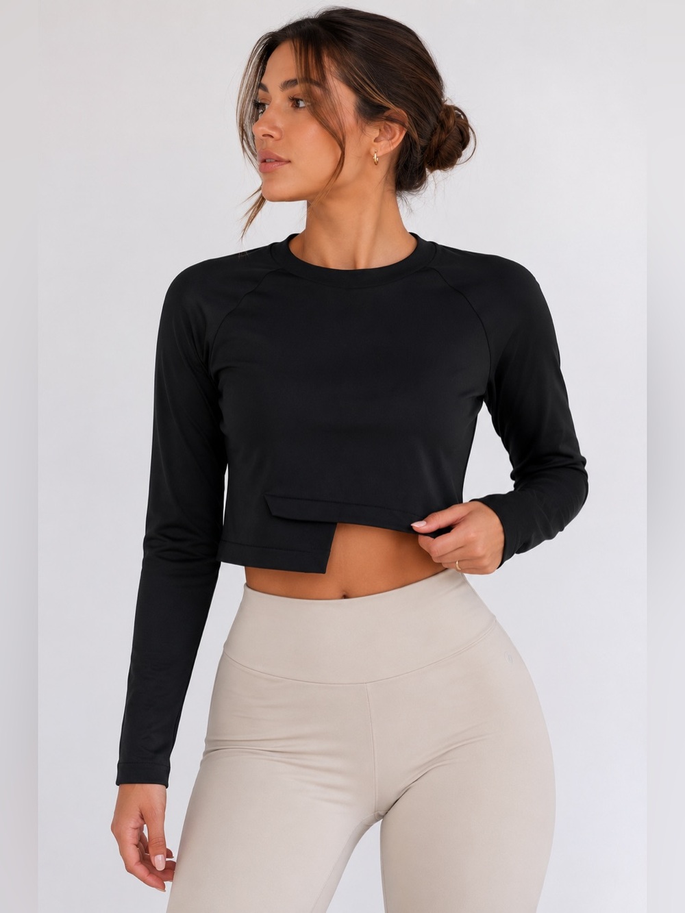 Black Long Sleeve Crop Top Athletic Yoga Pilates Minimalist NWT L